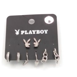Playboy 4-Pairs Silver / Diamond Earrings
