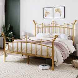 Queen Size Gold Metal Bed Frame - Ornate Vintage Style