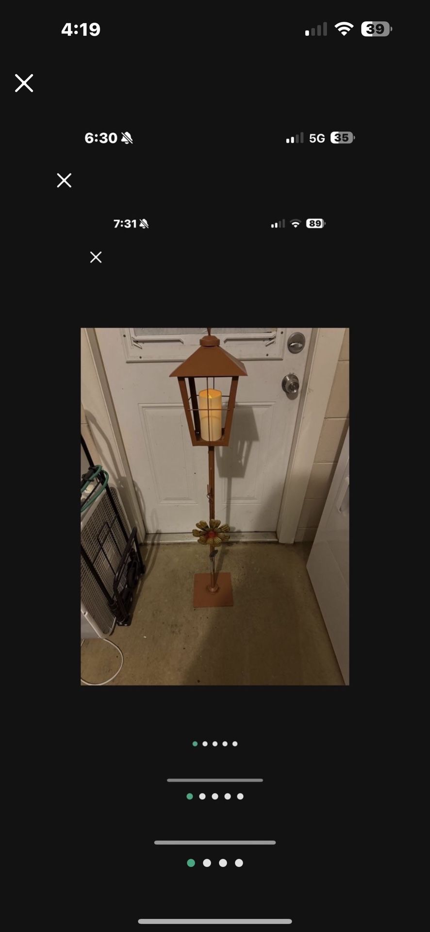 Garden Indoor Outdoor Metal Pole Lamp With Brand New Battery Operated Candle And Little Flower, Wind Chime