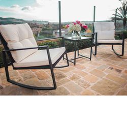 3-Piece Outdoor Patio Wicker Bistro Rocking Chair Set - Two Chairs with Glass Coffee Table