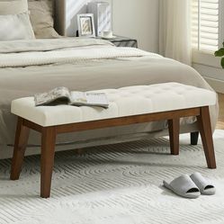 43.5'' Linen Bedroom Bench, Upholstered End of Bed Bench with Tufted Button, Padded Vintage Dining Bench, Entryway Bench with Solid Wood Legs, Kitchen