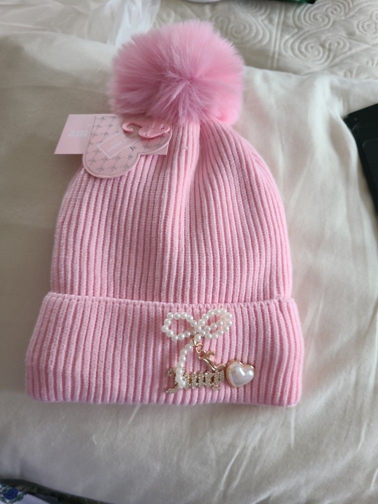 Juicy Couture Ladies Rhinestone Logo Beanie With Pompom