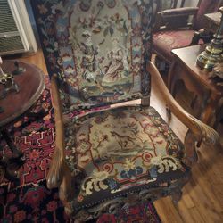 Magnificent Antique French Highly Carved Throne Chair With Scenic Hand Crafted Needle Point Design! Circa 1880's! Excellent Condition! 