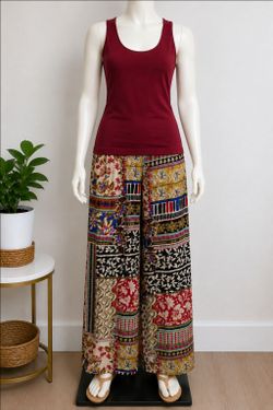 Zara Burgundy Tank Top & Boho Print Wide Leg Pants Set – Size S/XS