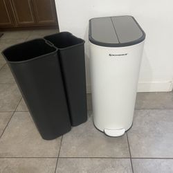 SONGMICS 13-Gallon Dual Kitchen Trash Can, 5.3 and 8 Gallon Compartments, Garbage Can with Wing Lids, Stainless Steel, Soft Close, Inner Buckets, Clou