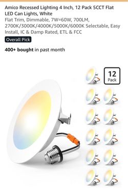 Amico 12 pk 4-Inch 5CCT Flat LED Recessed Lights 12-Pack