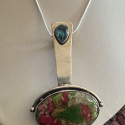 Vintage Estate Sterling Silver Pendant with Ammolite & Blue Topaz Stones. 