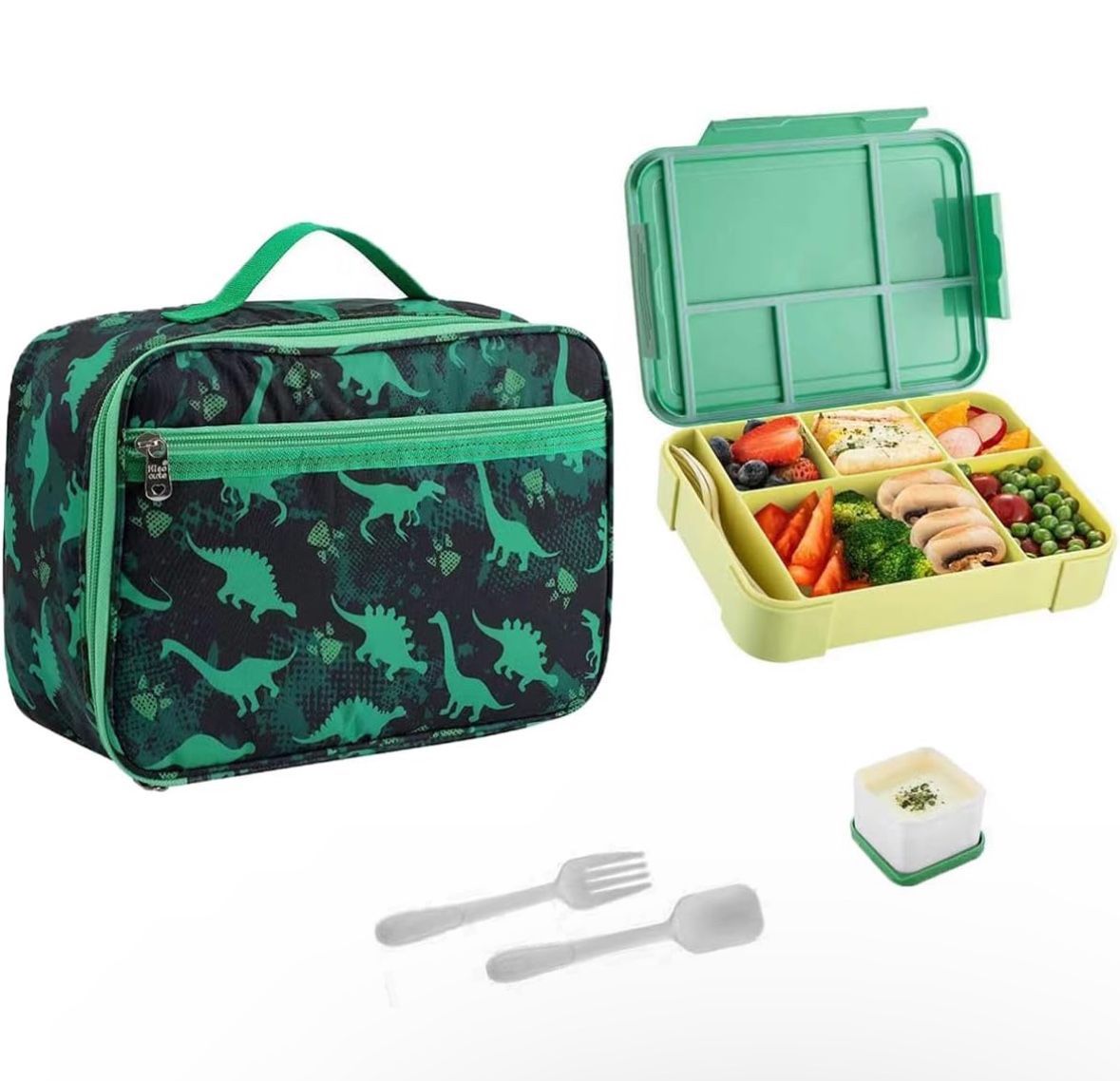 Dinosaur Lunch Bag with Leak proof Lunch box Lunch Bags 6-Compartment Box 4-6hrs Insulated, Green