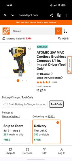 DeWalt Brushless Cordless lmpact Driver DCF887 20V Max 1/4