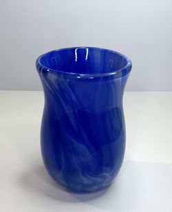 Cobalt Blue Swirl Art Glass Vase ~8” | Marbled Handblown Look | Modern Decor