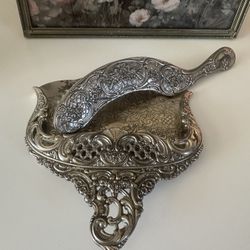 Antique Silver Crumber Dustpan and Table Brush Ornate Design
