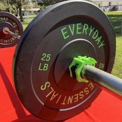 7’ Olympic Bar With Green Quick Lock Collars And New 25 Pound Bumper Plates 