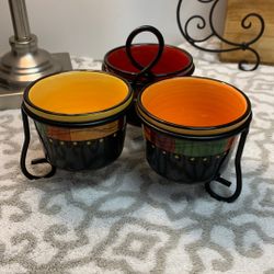  Certified International Caliente 3 Bowl Serving Tray, Ceramic & Iron  