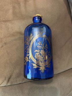 Vintage Bohemian Cobalt Blue and Gold Glass Bottle With Stopper ~7"