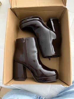 Dark Brown Patent Platform Block Heel Boots