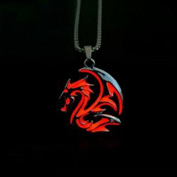 Glow In The Dark Dregon Pendant..red, Stainless Chain