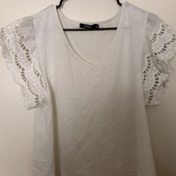 Cure White V-Neck Top with Lace Flutter Sleeves