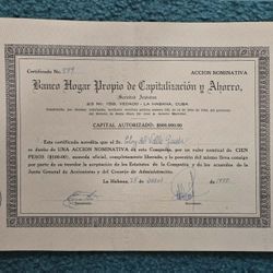 Accion Nominativa-1955-banco Hogar Propio De Capitalización Y Ahorro-vedado-habana-cuba