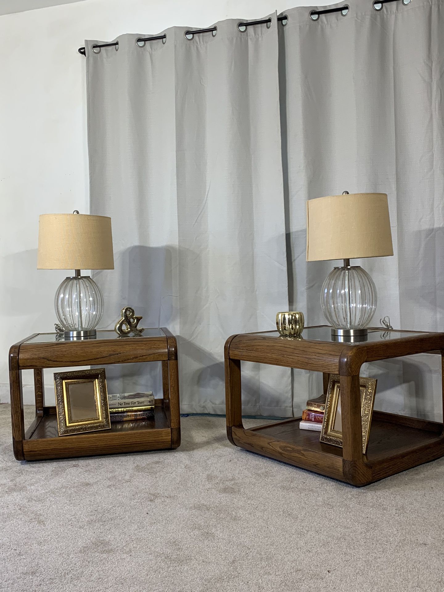 Vintage Oak End Tables With Glass Tops