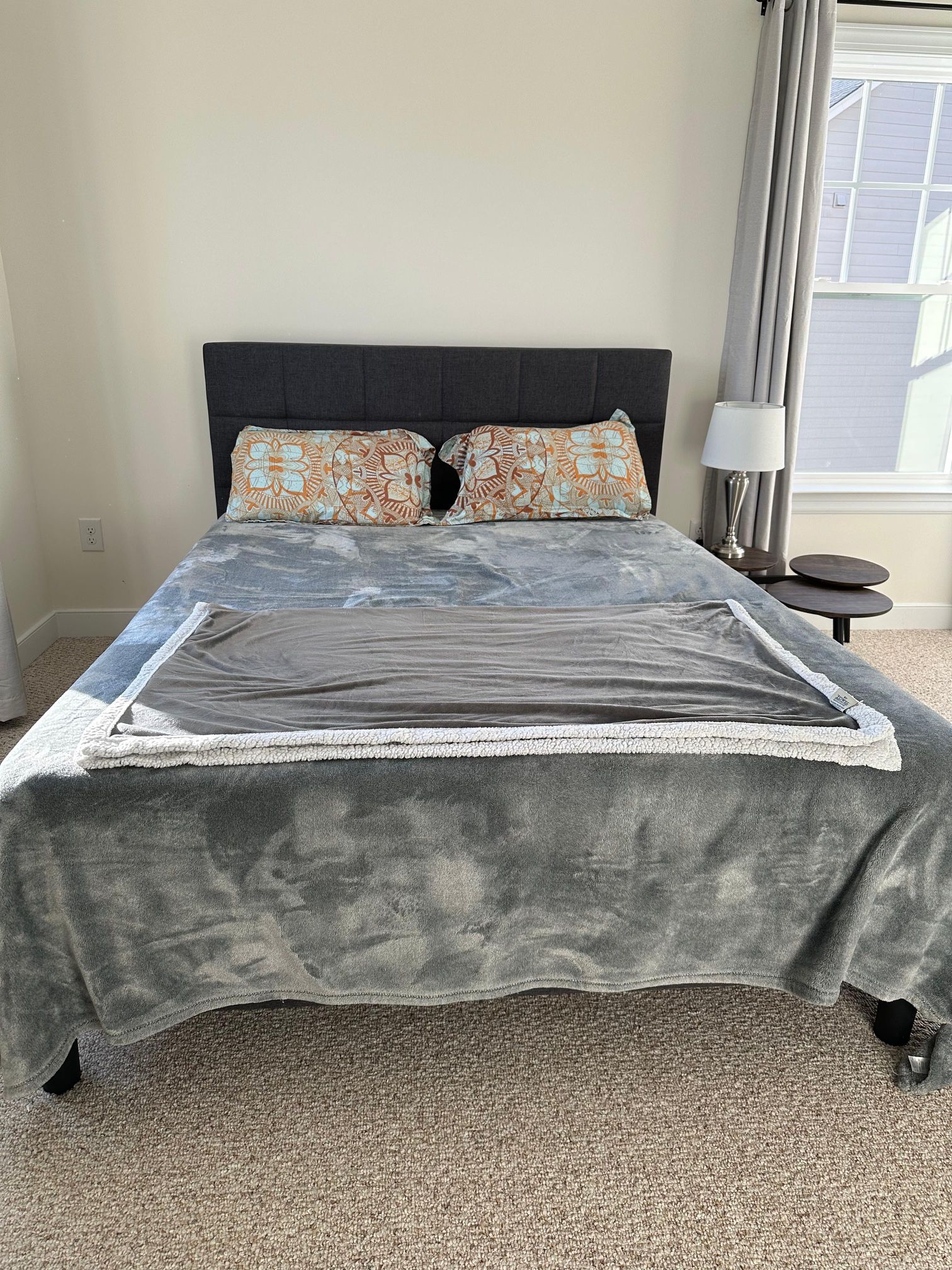 Upholstered queen bed with Ashley memory foam mattress