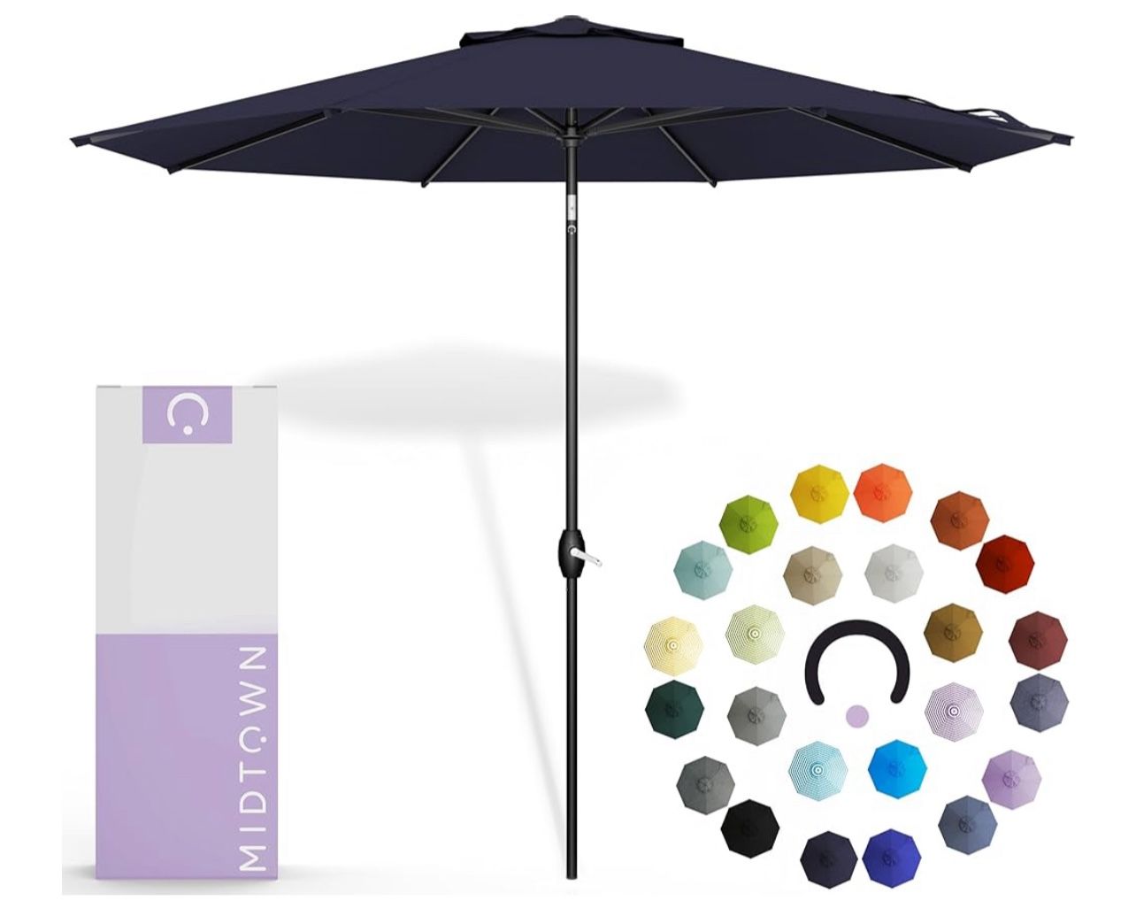 Brand New In The Box- Midtown Umbrellas 10-Year-No-Fade - 9 Ft - UV Proof Navy Blue Polyester Fabric - Umbrella Outdoor Patio, Auto-Tilt Aluminum Fram