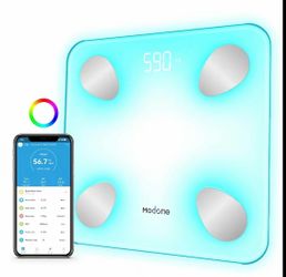 MODONE Smart Scale for Body Weight, Digital Bathroom Scale for BMI, Bone Mass and Body Fat, 7-Color Glowing Remote Display, Body Composition Monitor w