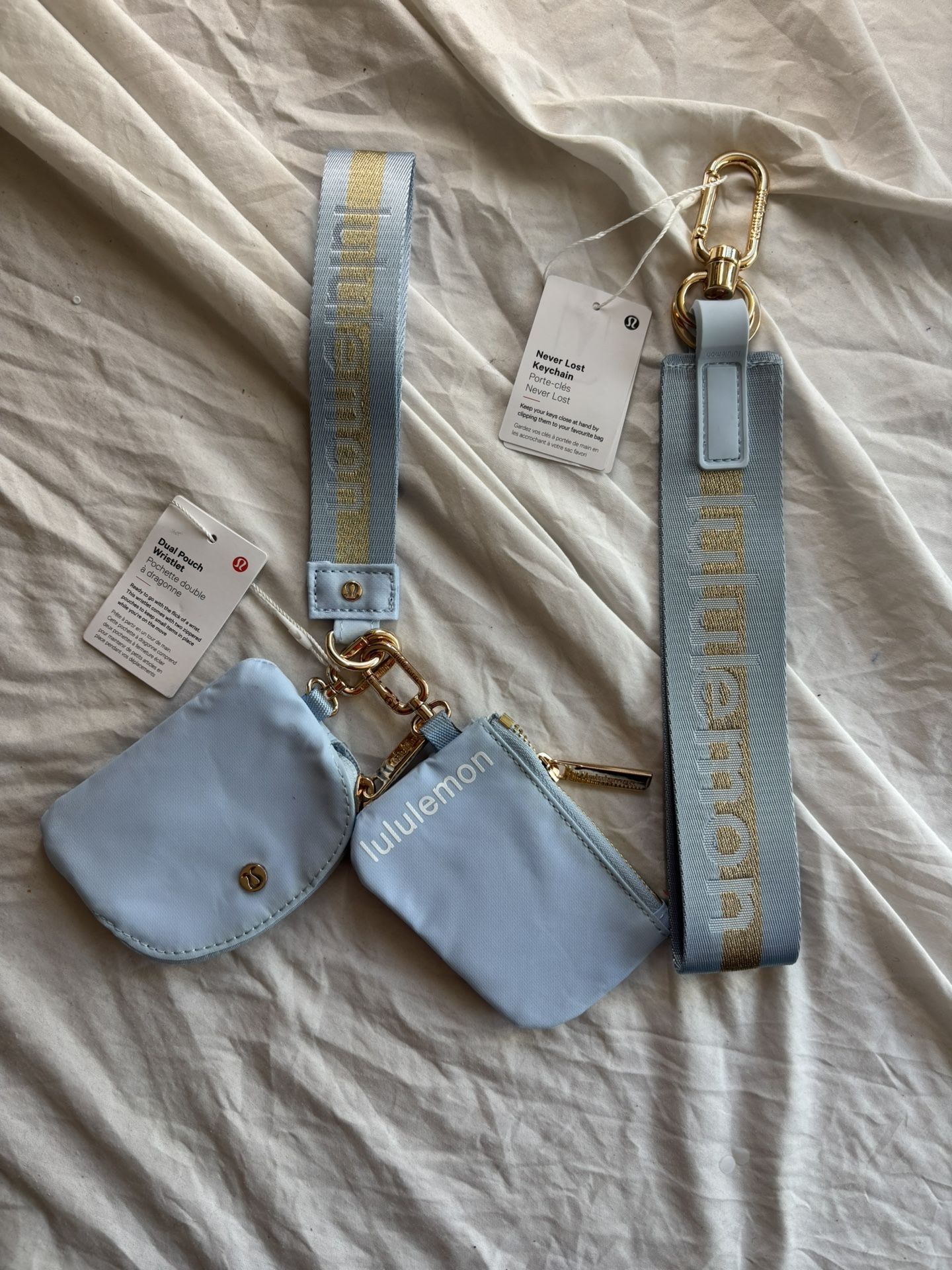 Lululemon Dual Pouch Wristlet And Never Lost Keychain Light Baby Blue Gold Set