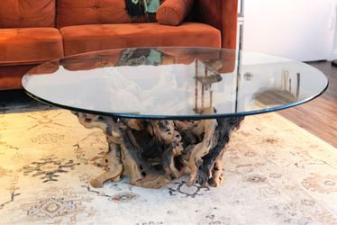 Coffee table w/ root base & glass top
