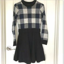 Blue and white plaid sweater fit and flare dress