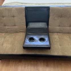 FUTON - Brown & Baige, Leather Back/Suade Front,  TwoCup Holders, extends: H14/28”, W43”, L69”, Gently Used/like New