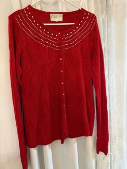 Good condition Debbie Morgan ladies sweater nice style and colors red and silver