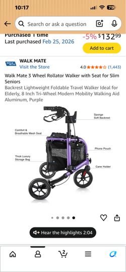 Walk Mate 3-Wheel Rollator Walker with Seat