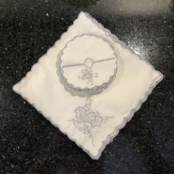 12 Hand Embroidered Cocktail Napkins 6x6” & Matching Coasters 3.5” White & Grey