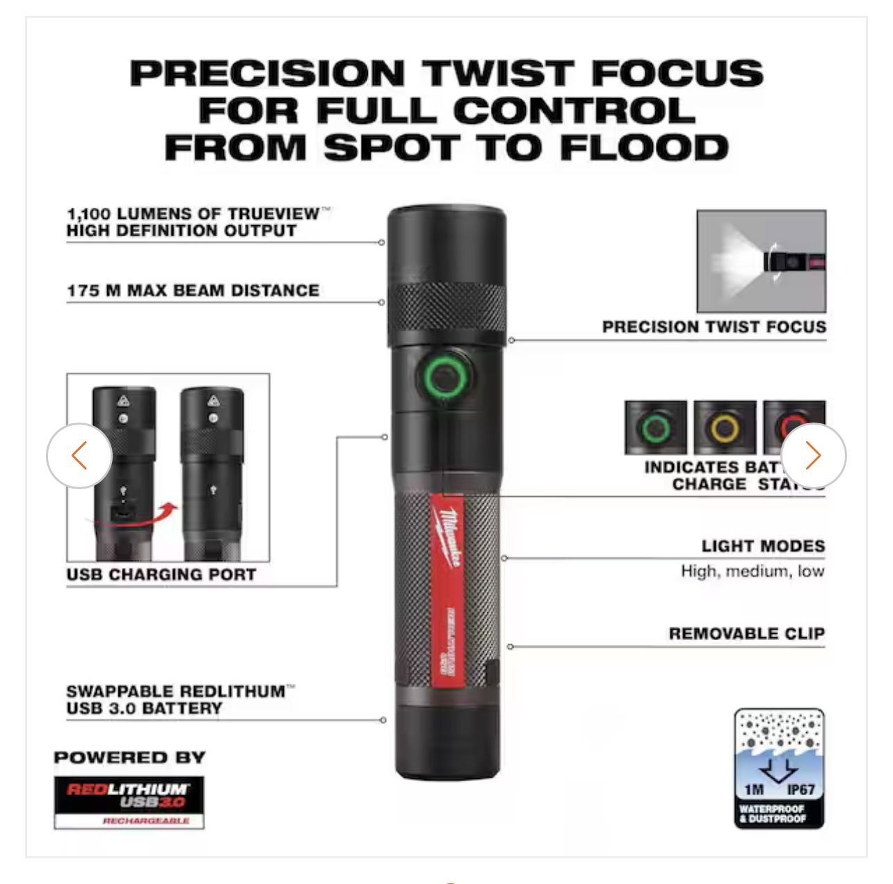 Milwaukee 1100 Lumens LED USB Rechargeable Twist Focus Flashlight