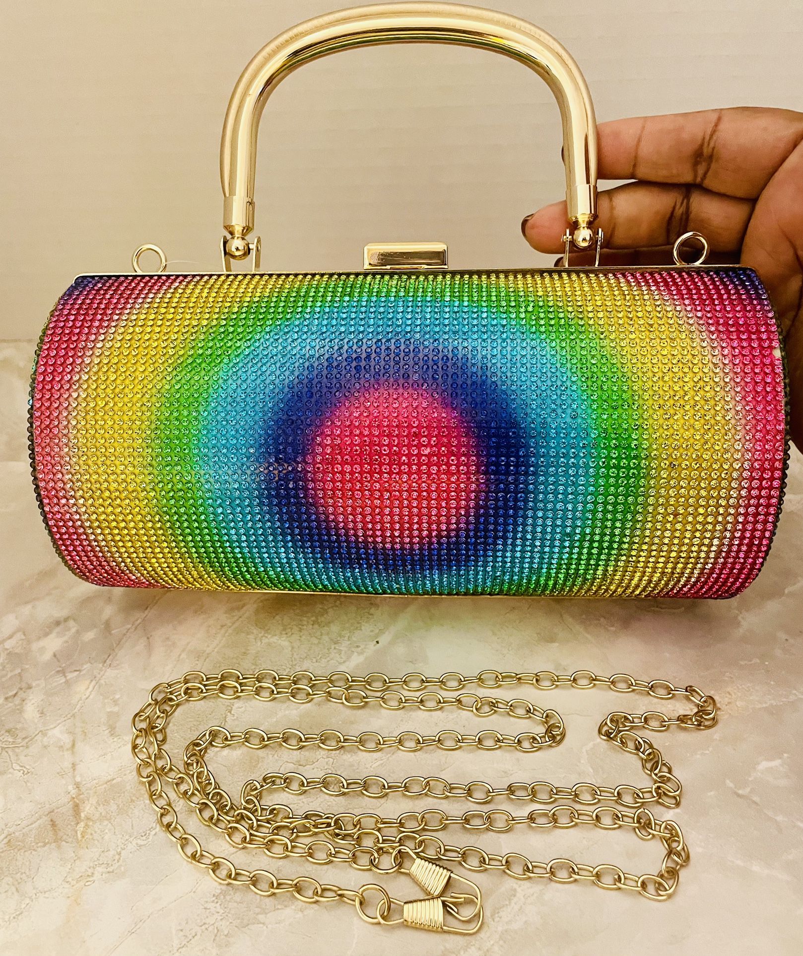 Rhinestone Rainbow Bullseye Roll Bag Clutch With 46 Inch Attachable Gold Chain