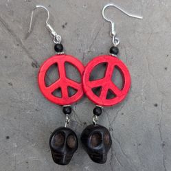 Red Peace Sign and Black Skull Howlite &amp; Obsidian Drop Earrings Nickel Free 