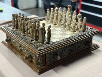 Antique-Style Hand-Carved Chess Set with Ornate Storage Base