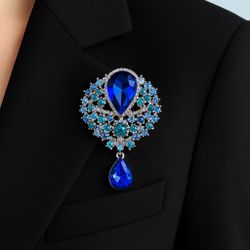 JJ Fantasia China 1990s Blue Crystal Statement Brooch With Drop, 2.25x3.35”