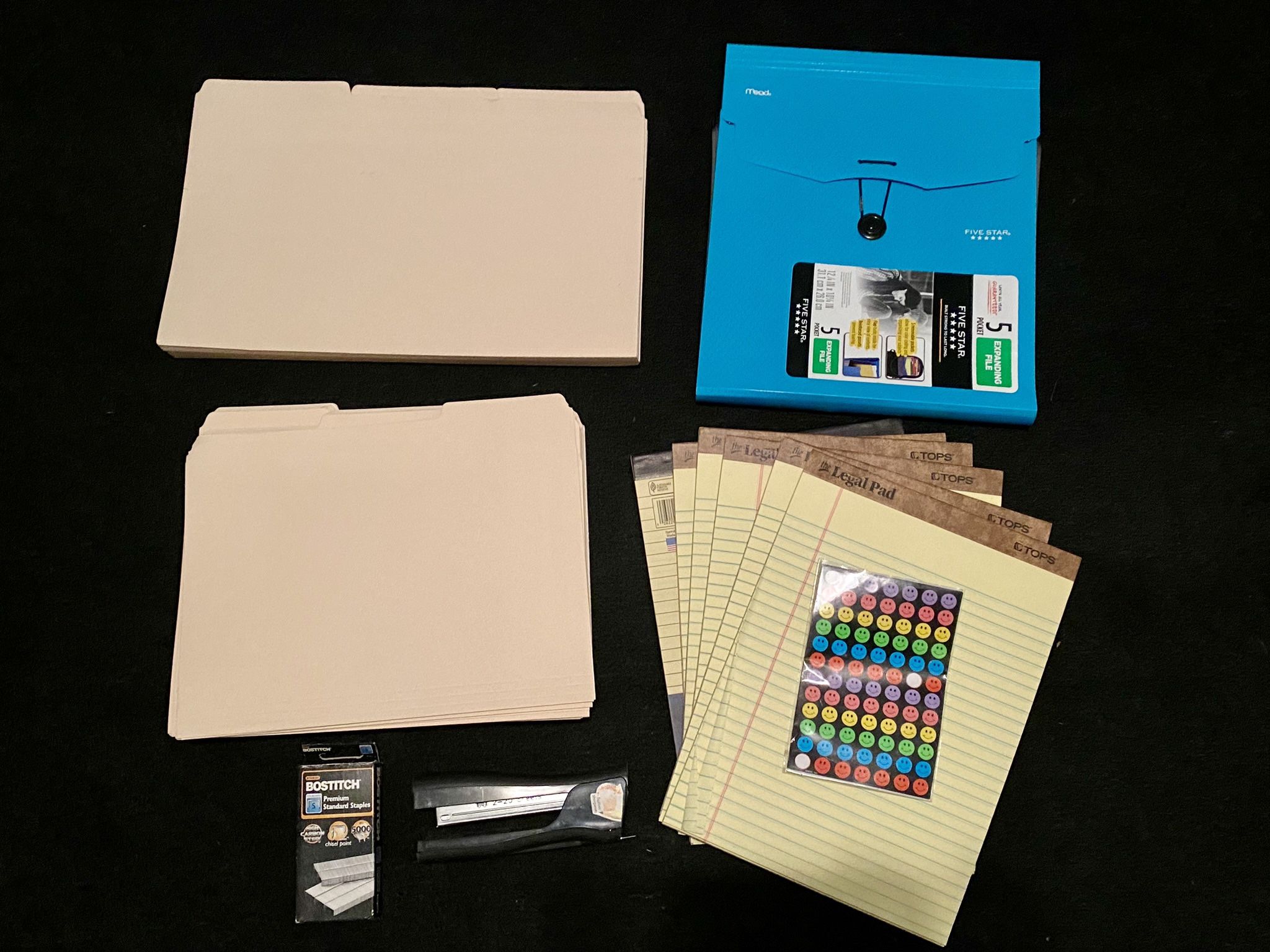 Random Office Supplies File Folders Expanding Pocket Foler Stapler Smiley Face Stickers