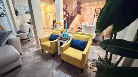 Beautiful set of two nailhead trim arm accent chairs ( color yellow )
