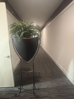 Tall Black Metal Plant Stand with Faux Fern