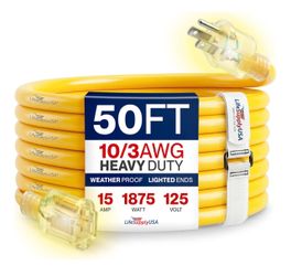 Extension Cord, 50 ft, 10/3 Gauge Ultra Heavy Duty 3 Prong SJTW, Waterproof, Flexible Cold-Resistant Long Power Cord,15A 125V 1875W, Yellow, (LifeSupp