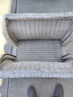 Two vintage draped white wicker side tables with glass