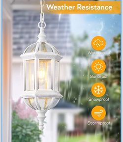 VIANIS Outdoor Hanging Lights, White Outdoor Pendant Lights, 20 Inch Tempered Beveled Glass, Adjustable Outdoor Chandelier for Entryway, Gazebo, Water