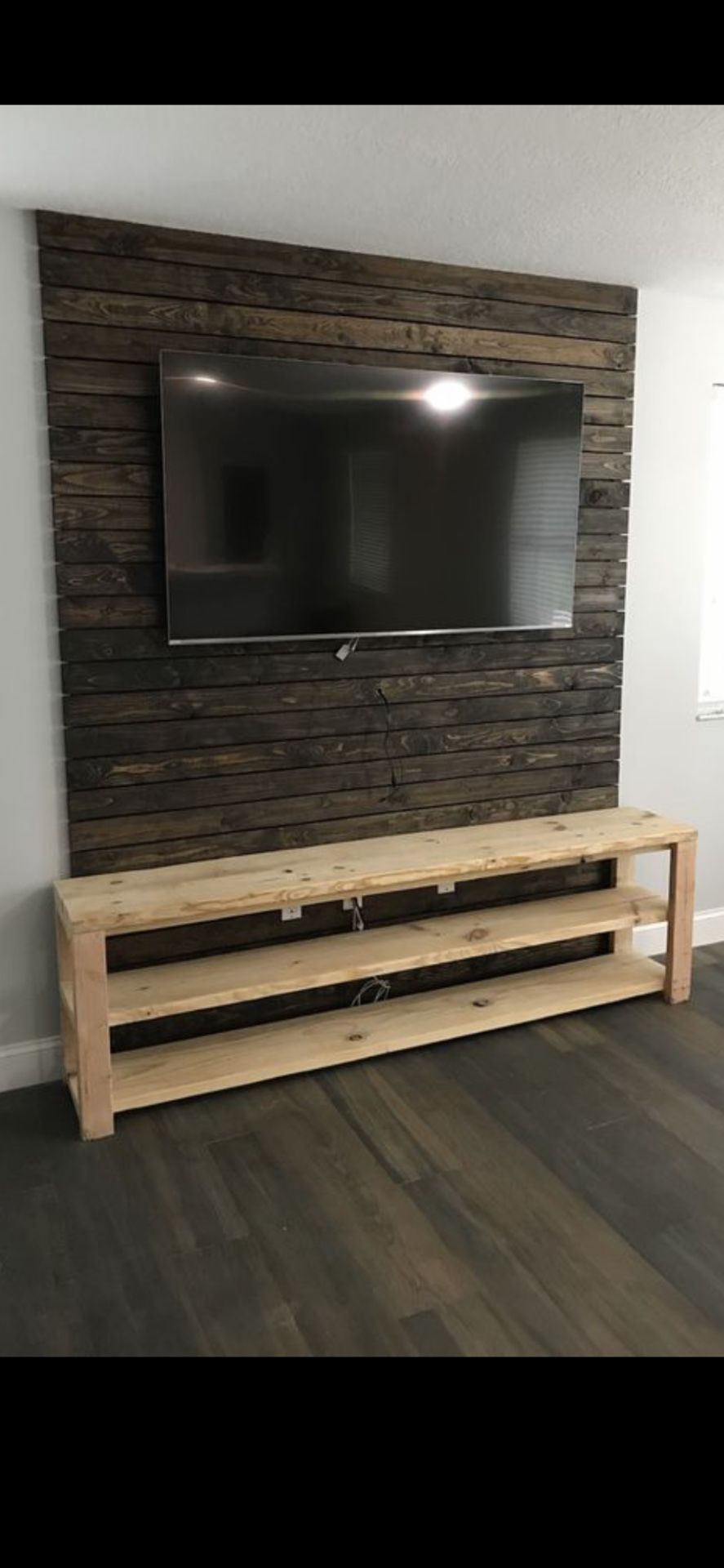 7 foot long solid wood console table TV shelves rustic farmhouse