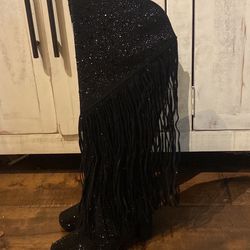 Black Rhinestone Fringed Boots