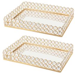 Kehail Crystal Mirror Tray Set of 2 - Gold, 11.2" X 8.1"