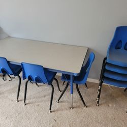 2 Blue Kids Craft Tables & 7 Stackable School Chairs - Sturdy Metal Legs!