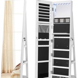 6 LEDs Lockable Mirror Jewelry Cabinet, 360° Swivel Jewelry Organizer, Standing Jewelry Armoire, Frameless Full-Length Mirror, 3 Storage She