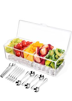 Condiment Tray with Stainless Steel Tableware, Chilled Condiment Server, Bar Accessories with 5 Spoons, 5 Forks and 1 Clip with Removable Trays and Li